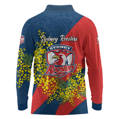 Sydney Roosters Long Sleeve Polo Shirt Golden Wattle Floral Polynesian - Australian Flower - Rugby Mascot