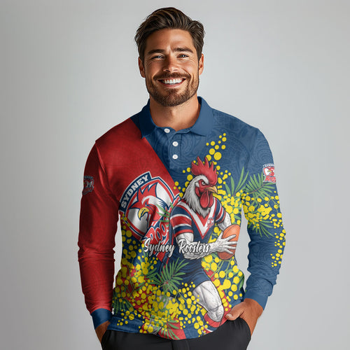 Sydney Roosters Long Sleeve Polo Shirt Golden Wattle Floral Polynesian - Australian Flower - Rugby Mascot