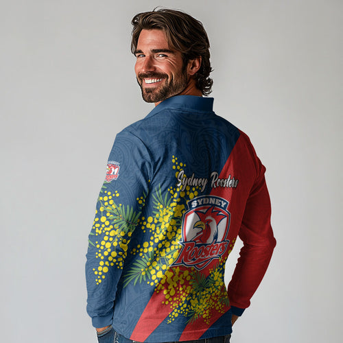 Sydney Roosters Long Sleeve Polo Shirt Golden Wattle Floral Polynesian - Australian Flower - Rugby Mascot