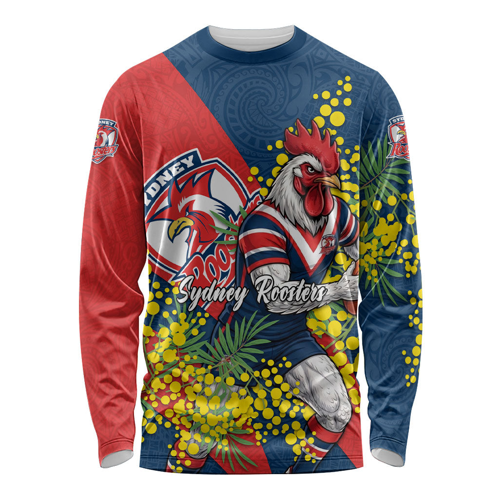 Sydney Roosters Long Sleeve Shirt Golden Wattle Floral Polynesian - Australian Flower - Rugby Mascot