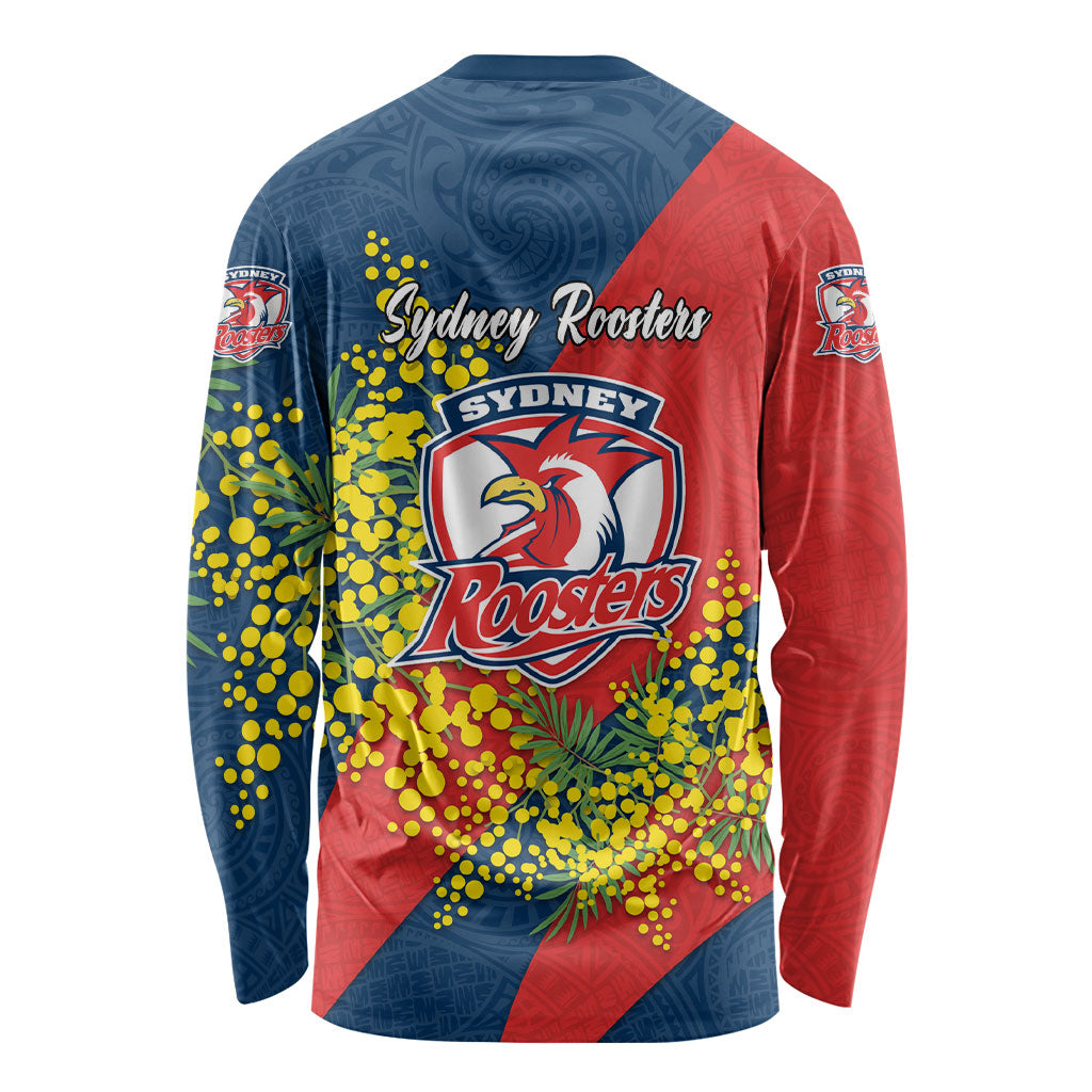 Sydney Roosters Long Sleeve Shirt Golden Wattle Floral Polynesian - Australian Flower - Rugby Mascot