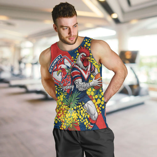 Sydney Roosters Men Tank Top Golden Wattle Floral Polynesian - Australian Flower - Rugby Mascot