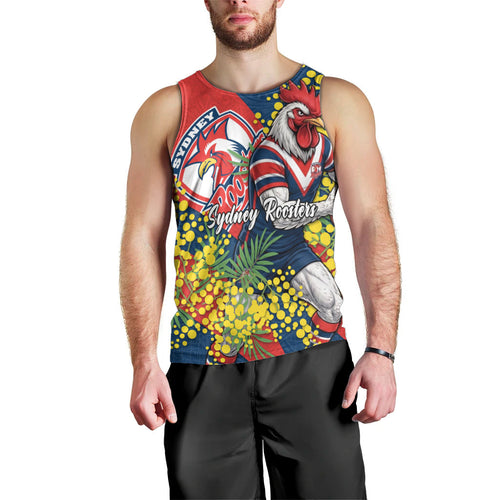 Sydney Roosters Men Tank Top Golden Wattle Floral Polynesian - Australian Flower - Rugby Mascot
