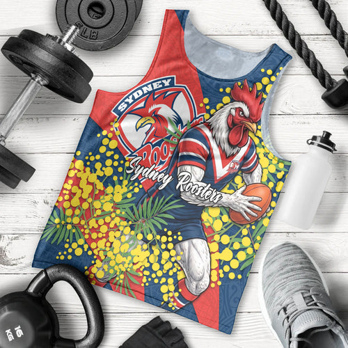 Sydney Roosters Men Tank Top Golden Wattle Floral Polynesian - Australian Flower - Rugby Mascot