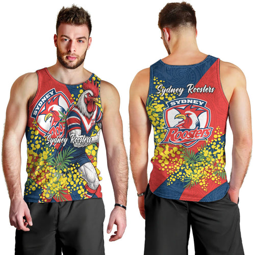 Sydney Roosters Men Tank Top Golden Wattle Floral Polynesian - Australian Flower - Rugby Mascot