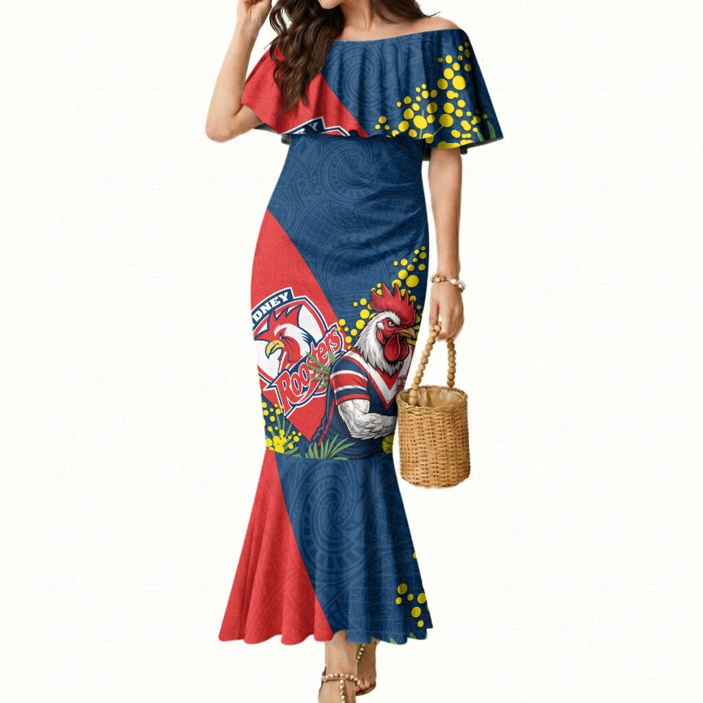 Sydney Roosters Mermaid Dress Golden Wattle Floral Polynesian - Australian Flower - Rugby Mascot