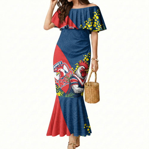 Sydney Roosters Mermaid Dress Golden Wattle Floral Polynesian - Australian Flower - Rugby Mascot