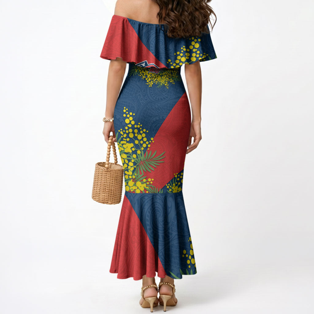 Sydney Roosters Mermaid Dress Golden Wattle Floral Polynesian - Australian Flower - Rugby Mascot