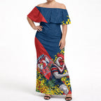 Sydney Roosters Off Shoulder Maxi Dress Golden Wattle Floral Polynesian - Australian Flower - Rugby Mascot
