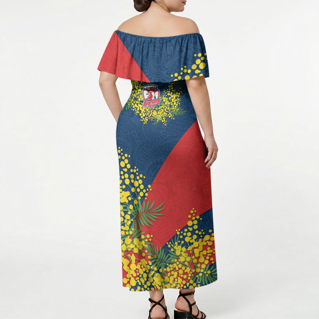Sydney Roosters Off Shoulder Maxi Dress Golden Wattle Floral Polynesian - Australian Flower - Rugby Mascot