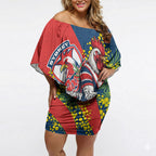 Sydney Roosters Off Shoulder Short Dress Golden Wattle Floral Polynesian - Australian Flower - Rugby Mascot
