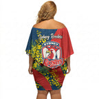 Sydney Roosters Off Shoulder Short Dress Golden Wattle Floral Polynesian - Australian Flower - Rugby Mascot