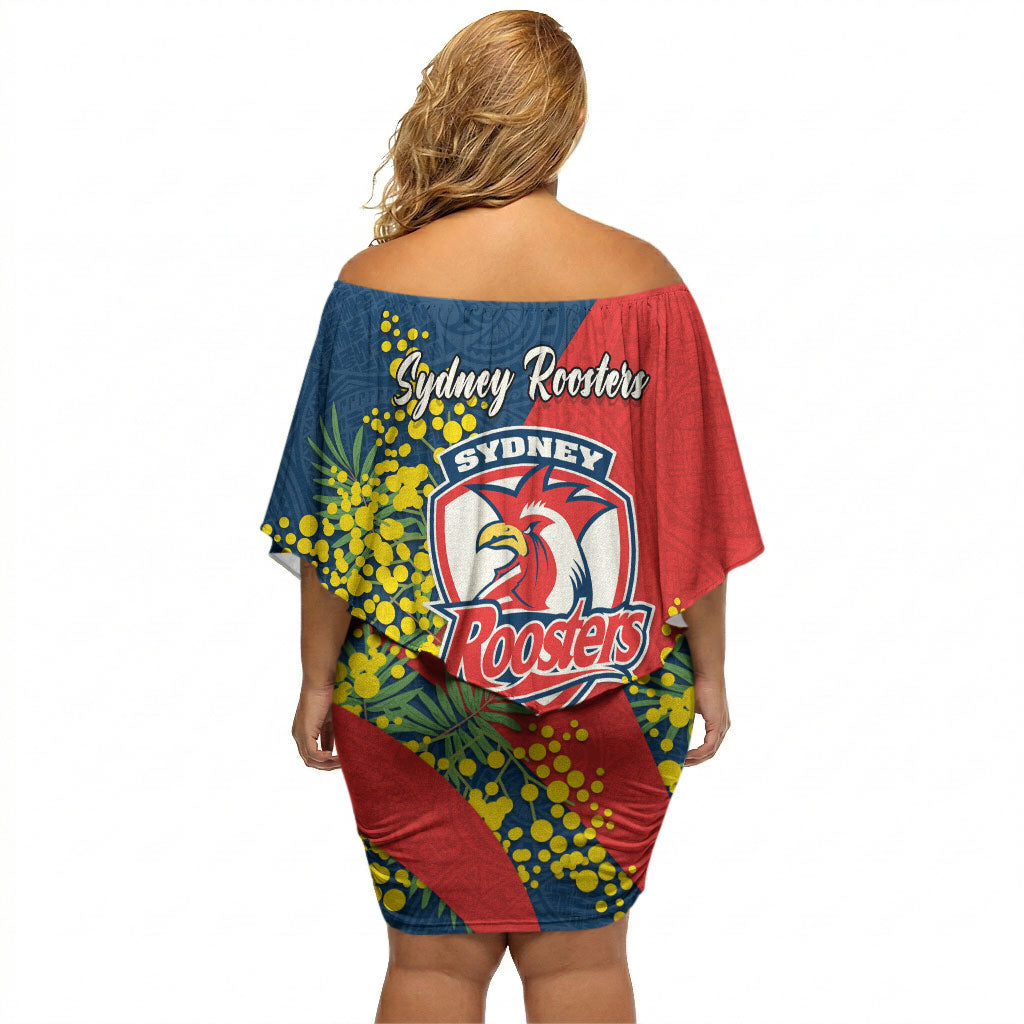 Sydney Roosters Off Shoulder Short Dress Golden Wattle Floral Polynesian - Australian Flower - Rugby Mascot
