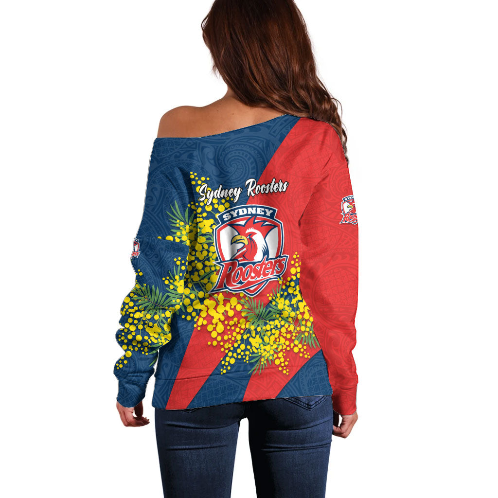 Sydney Roosters Off Shoulder Sweater Golden Wattle Floral Polynesian - Australian Flower - Rugby Mascot