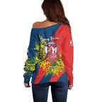 Sydney Roosters Off Shoulder Sweater Golden Wattle Floral Polynesian - Australian Flower - Rugby Mascot