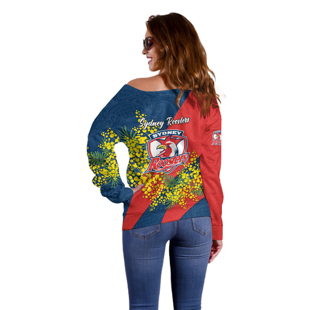 Sydney Roosters Off Shoulder Sweater Golden Wattle Floral Polynesian - Australian Flower - Rugby Mascot