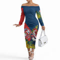 Sydney Roosters Off The Shoulder Long Sleeve Dress Golden Wattle Floral Polynesian - Australian Flower - Rugby Mascot