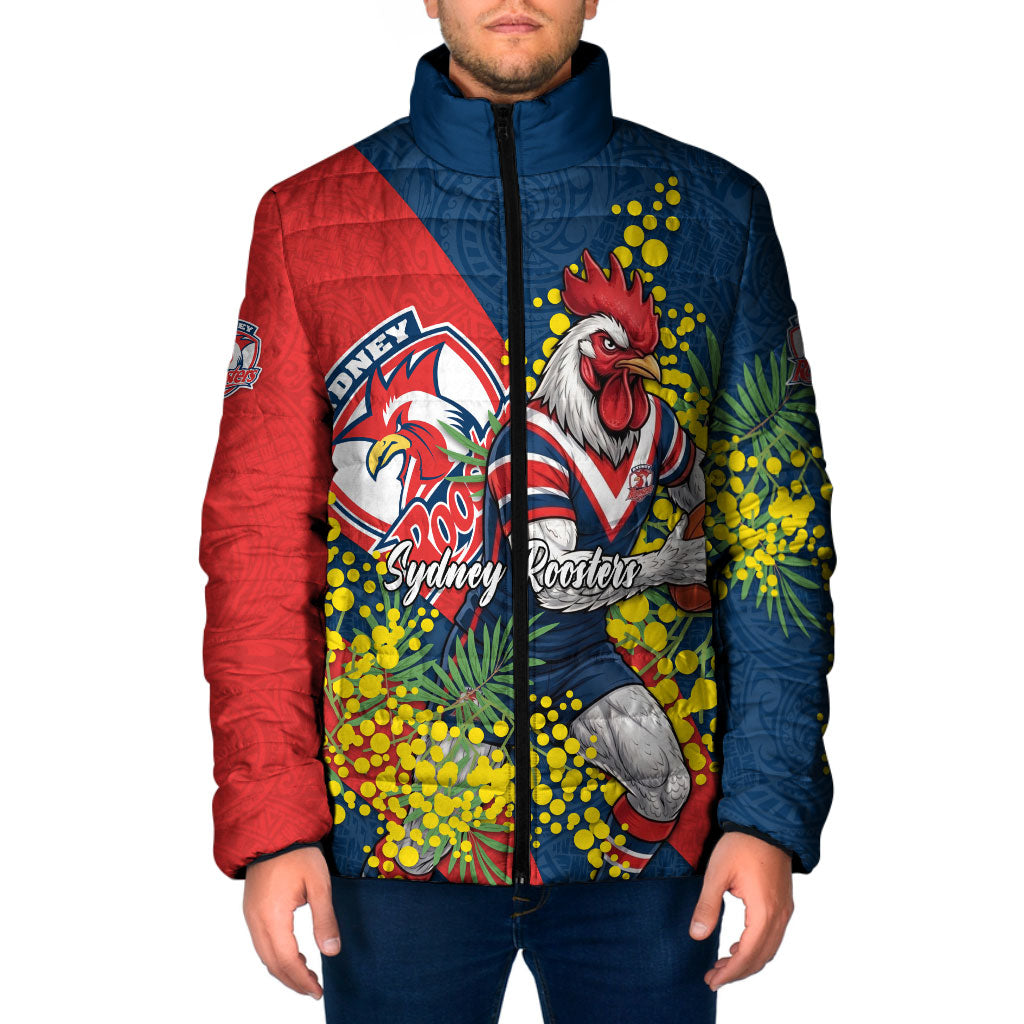 Sydney Roosters Padded Jacket Golden Wattle Floral Polynesian - Australian Flower - Rugby Mascot