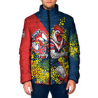 Sydney Roosters Padded Jacket Golden Wattle Floral Polynesian - Australian Flower - Rugby Mascot