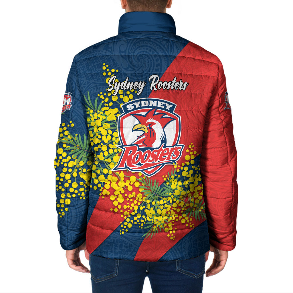 Sydney Roosters Padded Jacket Golden Wattle Floral Polynesian - Australian Flower - Rugby Mascot