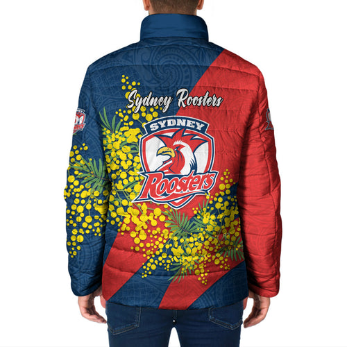 Sydney Roosters Padded Jacket Golden Wattle Floral Polynesian - Australian Flower - Rugby Mascot