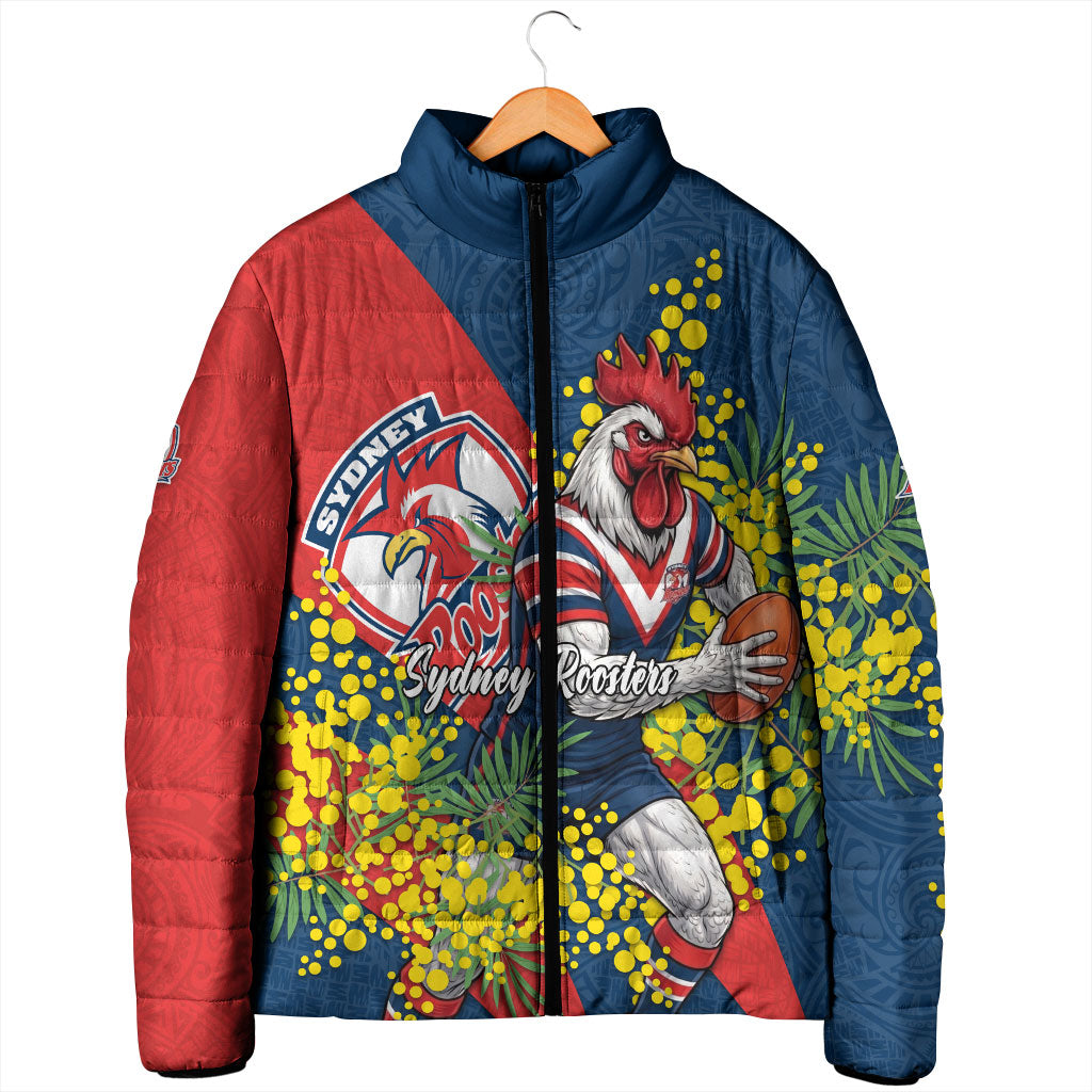 Sydney Roosters Padded Jacket Golden Wattle Floral Polynesian - Australian Flower - Rugby Mascot