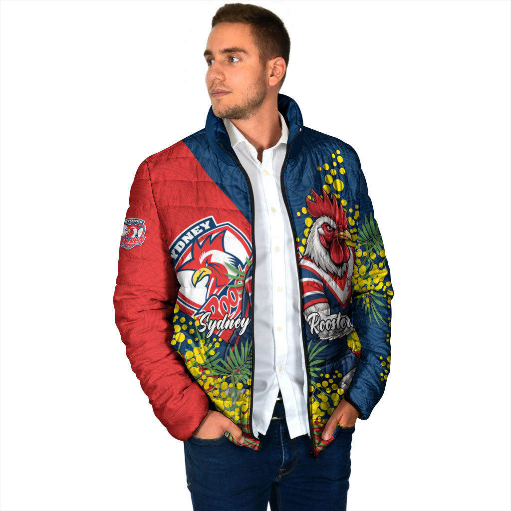 Sydney Roosters Padded Jacket Golden Wattle Floral Polynesian - Australian Flower - Rugby Mascot