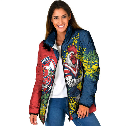 Sydney Roosters Padded Jacket Golden Wattle Floral Polynesian - Australian Flower - Rugby Mascot