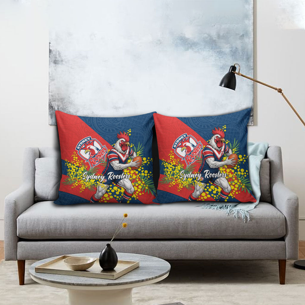 Sydney Roosters Pillow Cover Golden Wattle Floral Polynesian - Australian Flower - Rugby Mascot