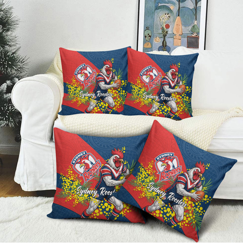 Sydney Roosters Pillow Cover Golden Wattle Floral Polynesian - Australian Flower - Rugby Mascot