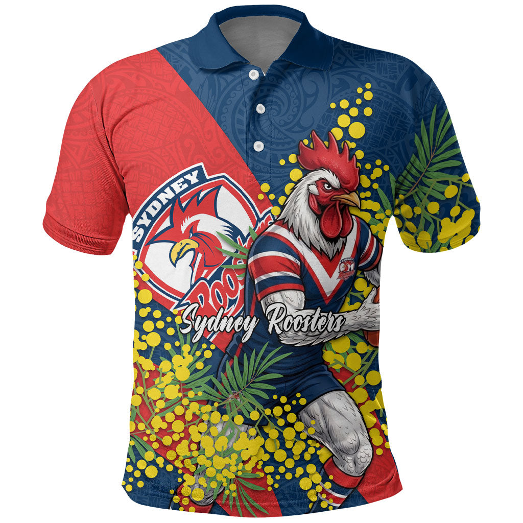 Sydney Roosters Polo Shirt Golden Wattle Floral Polynesian - Australian Flower - Rugby Mascot