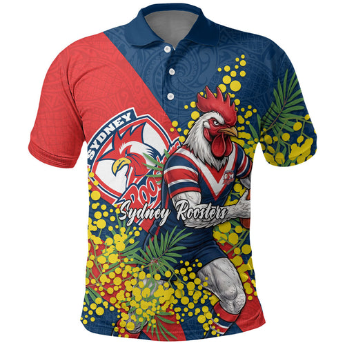 Sydney Roosters Polo Shirt Golden Wattle Floral Polynesian - Australian Flower - Rugby Mascot