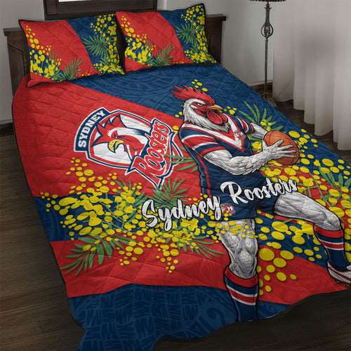 Sydney Roosters Quilt Bed Set Golden Wattle Floral Polynesian - Australian Flower - Rugby Mascot