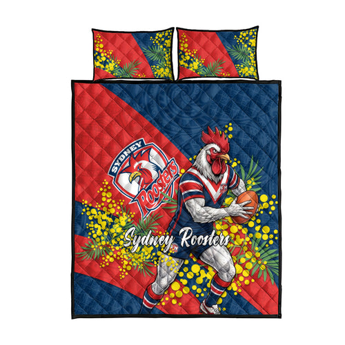 Sydney Roosters Quilt Bed Set Golden Wattle Floral Polynesian - Australian Flower - Rugby Mascot