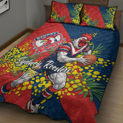 Sydney Roosters Quilt Bed Set Golden Wattle Floral Polynesian - Australian Flower - Rugby Mascot