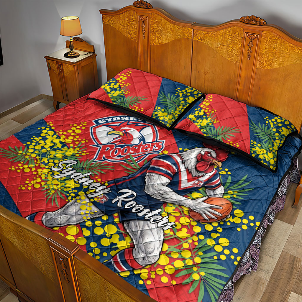Sydney Roosters Quilt Bed Set Golden Wattle Floral Polynesian - Australian Flower - Rugby Mascot