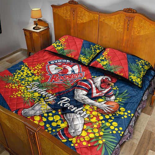 Sydney Roosters Quilt Bed Set Golden Wattle Floral Polynesian - Australian Flower - Rugby Mascot