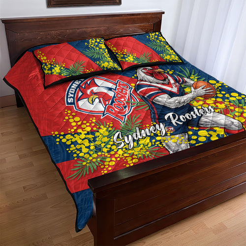 Sydney Roosters Quilt Bed Set Golden Wattle Floral Polynesian - Australian Flower - Rugby Mascot