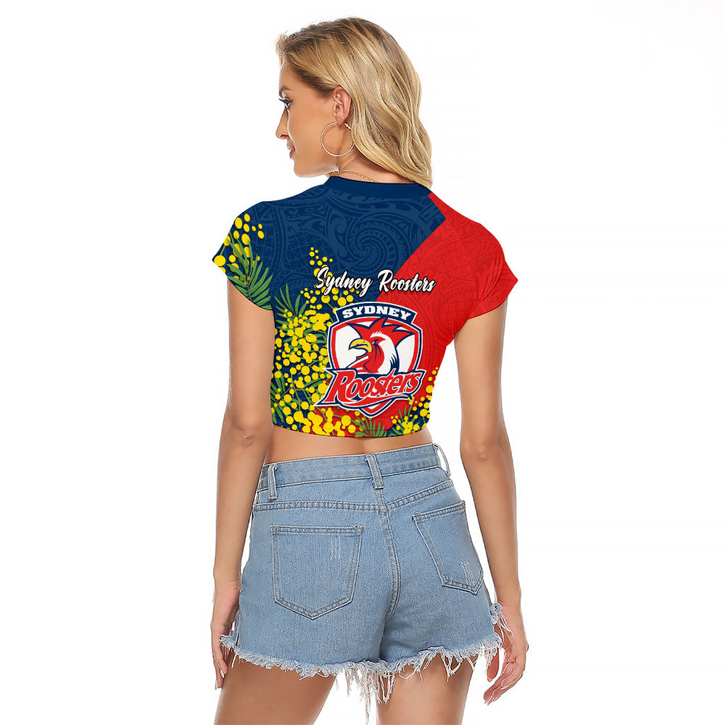Sydney Roosters Raglan Cropped T Shirt Golden Wattle Floral Polynesian - Australian Flower - Rugby Mascot