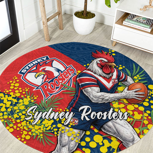 Sydney Roosters Round Carpet Golden Wattle Floral Polynesian - Australian Flower - Rugby Mascot