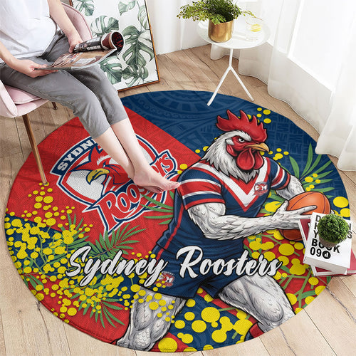 Sydney Roosters Round Carpet Golden Wattle Floral Polynesian - Australian Flower - Rugby Mascot