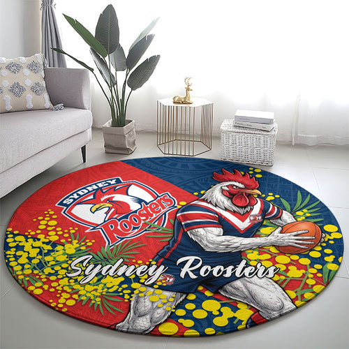 Sydney Roosters Round Carpet Golden Wattle Floral Polynesian - Australian Flower - Rugby Mascot