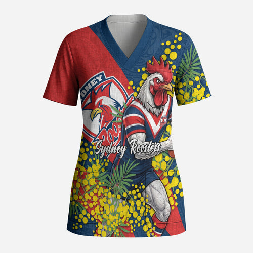 Sydney Roosters Scrub Top Golden Wattle Floral Polynesian - Australian Flower - Rugby Mascot