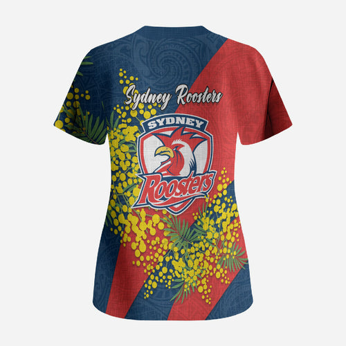 Sydney Roosters Scrub Top Golden Wattle Floral Polynesian - Australian Flower - Rugby Mascot