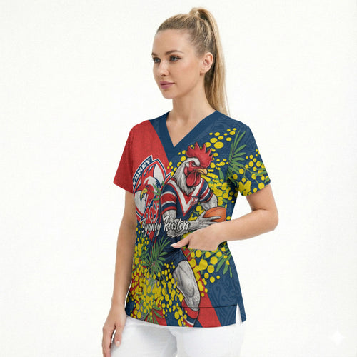 Sydney Roosters Scrub Top Golden Wattle Floral Polynesian - Australian Flower - Rugby Mascot