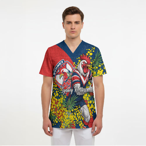 Sydney Roosters Scrub Top Golden Wattle Floral Polynesian - Australian Flower - Rugby Mascot