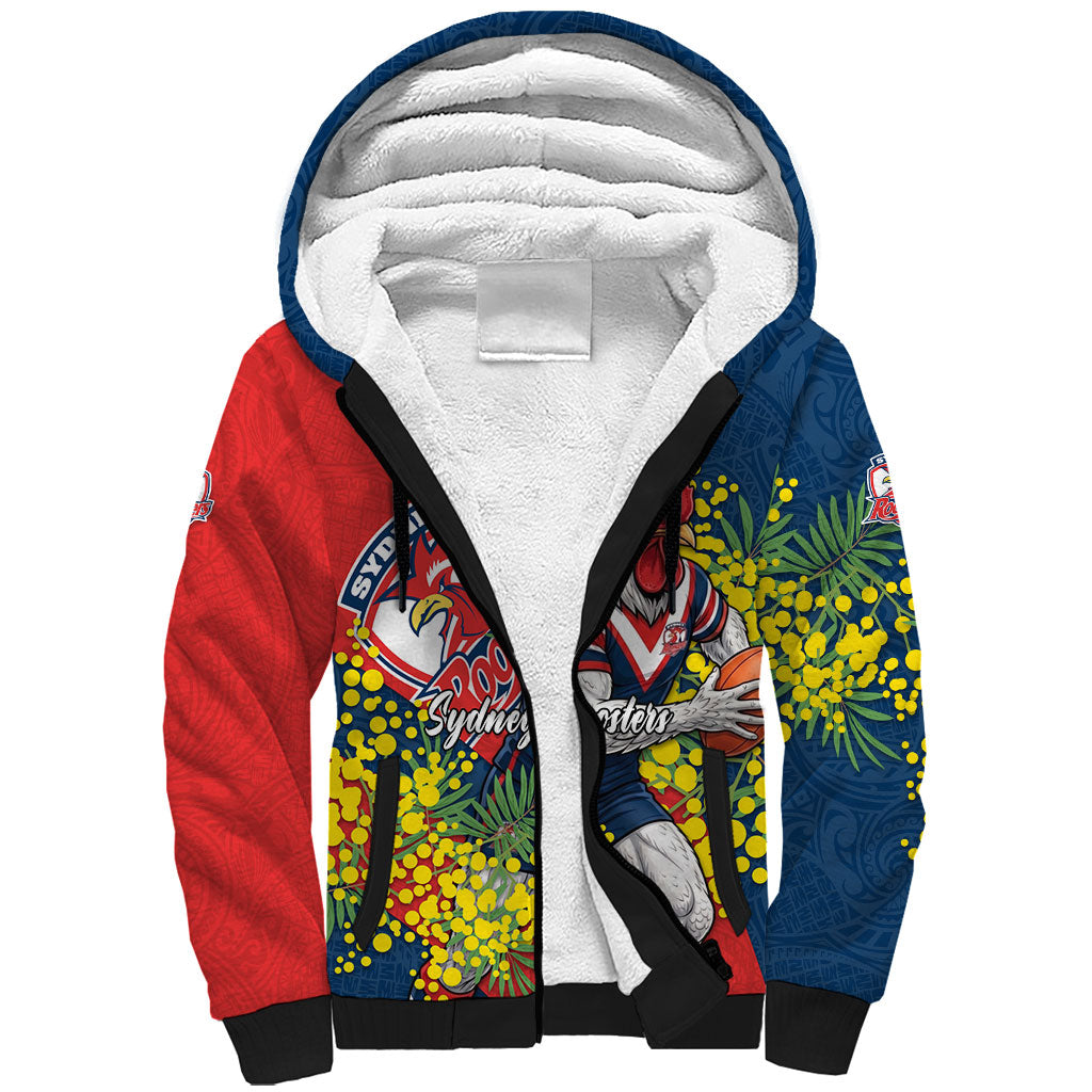 Sydney Roosters Sherpa Hoodie Golden Wattle Floral Polynesian - Australian Flower - Rugby Mascot