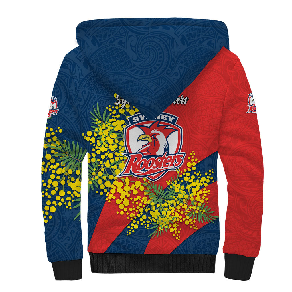 Sydney Roosters Sherpa Hoodie Golden Wattle Floral Polynesian - Australian Flower - Rugby Mascot