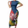 Sydney Roosters Short Sleeve Bodycon Dress Golden Wattle Floral Polynesian - Australian Flower - Rugby Mascot
