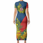 Sydney Roosters Short Sleeve Bodycon Dress Golden Wattle Floral Polynesian - Australian Flower - Rugby Mascot